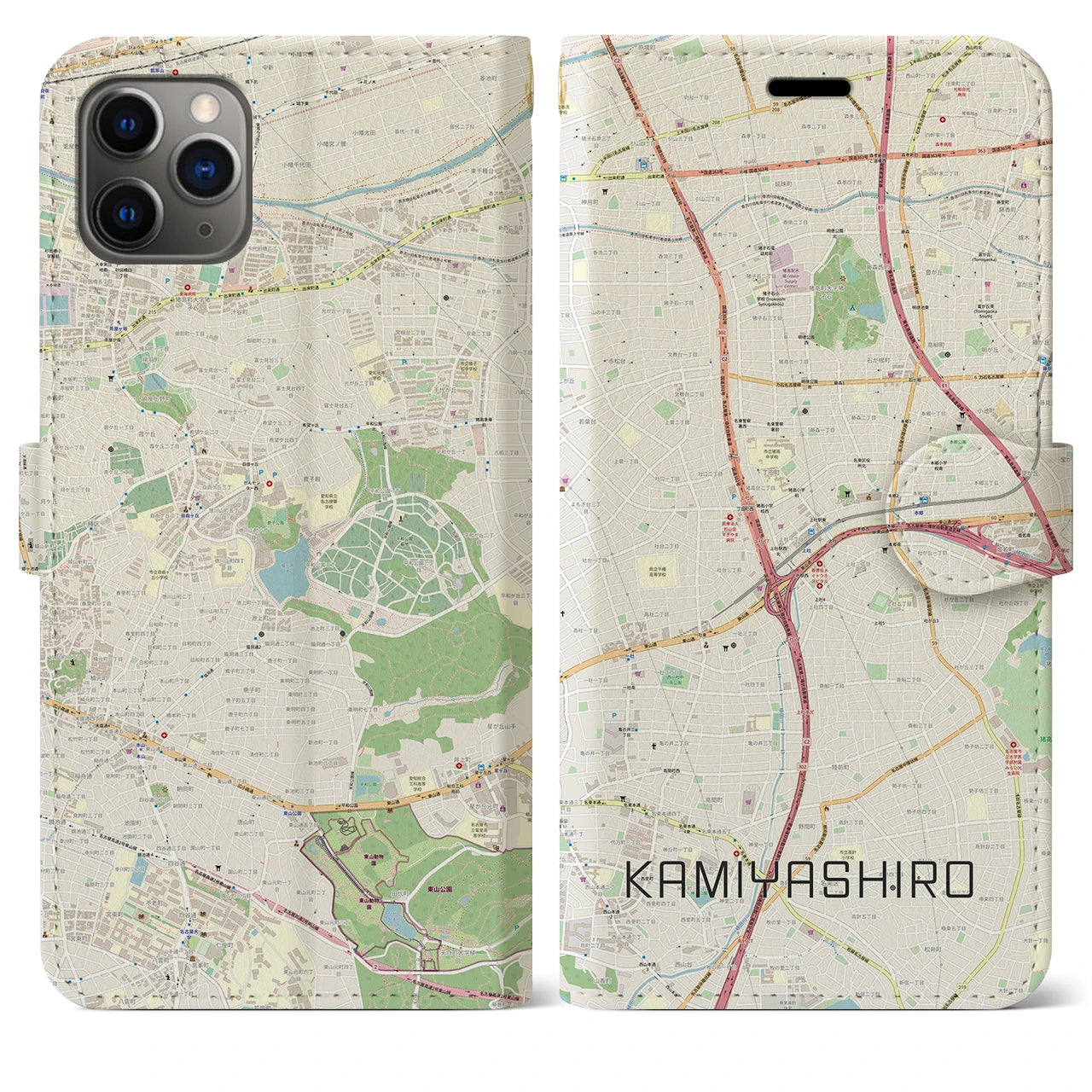 【上社（愛知県）】地図柄iPhoneケース（手帳タイプ）ナチュラル・iPhone 11 Pro Max 用