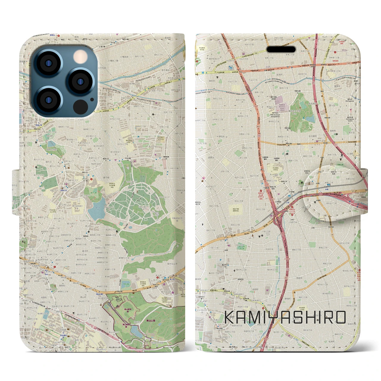 【上社（愛知県）】地図柄iPhoneケース（手帳タイプ）ナチュラル・iPhone 12 / 12 Pro 用