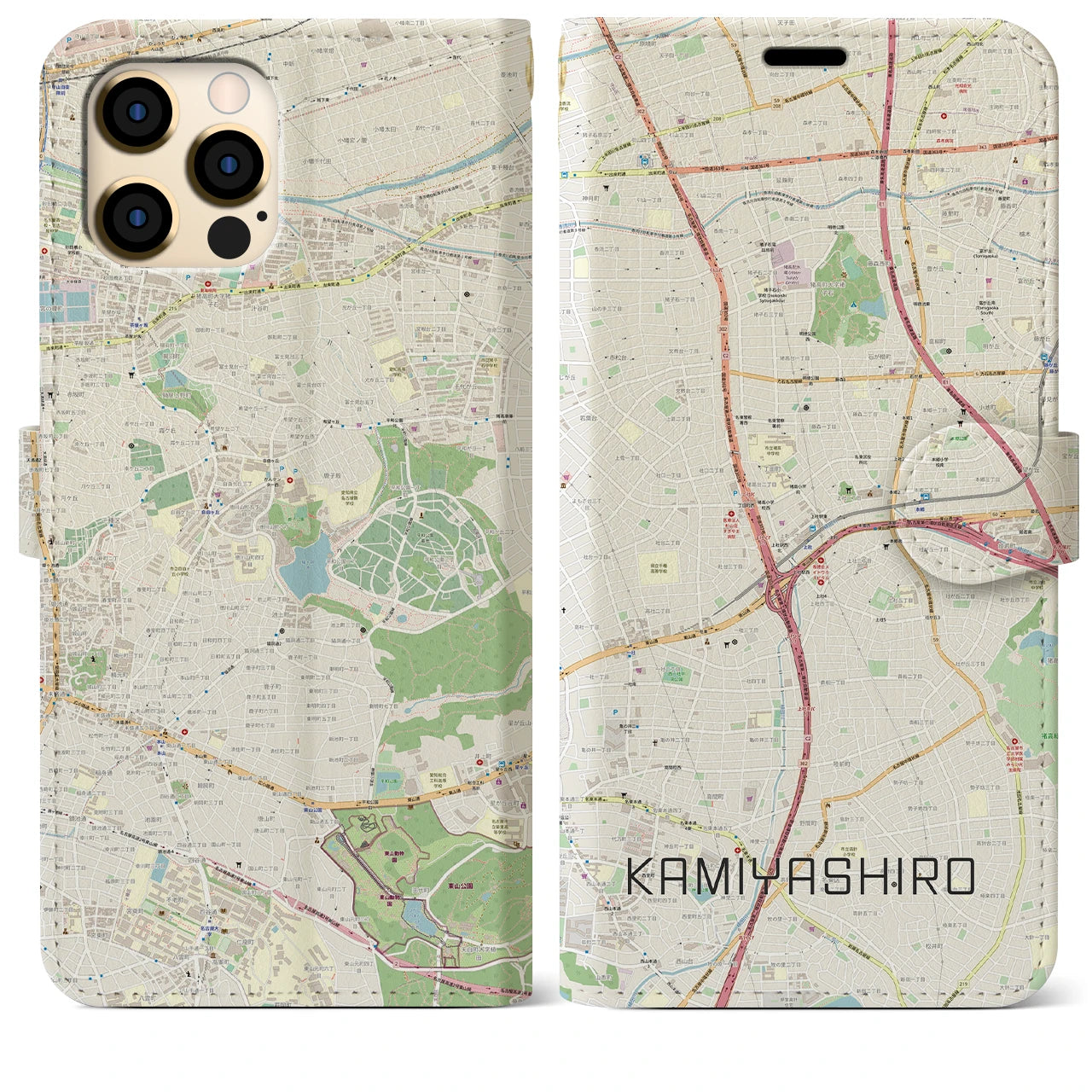 【上社（愛知県）】地図柄iPhoneケース（手帳タイプ）ナチュラル・iPhone 12 Pro Max 用