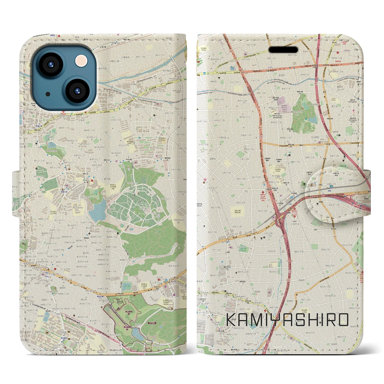 【上社（愛知県）】地図柄iPhoneケース（手帳タイプ）ナチュラル・iPhone 13 用