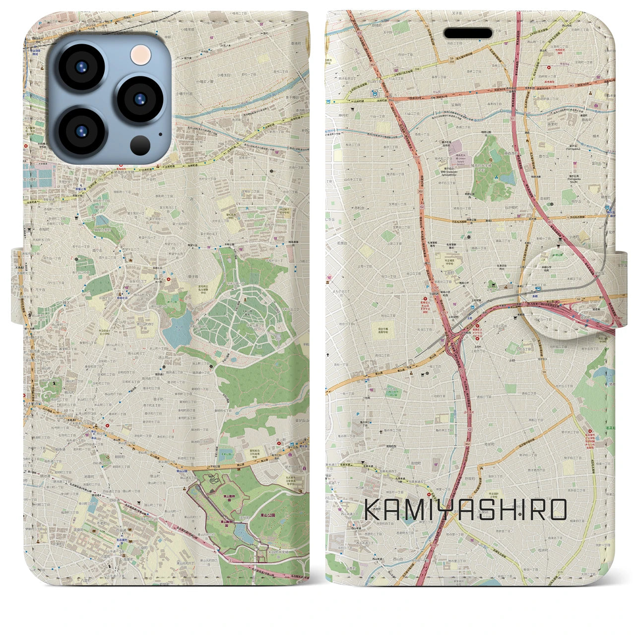 【上社（愛知県）】地図柄iPhoneケース（手帳タイプ）ナチュラル・iPhone 13 Pro Max 用