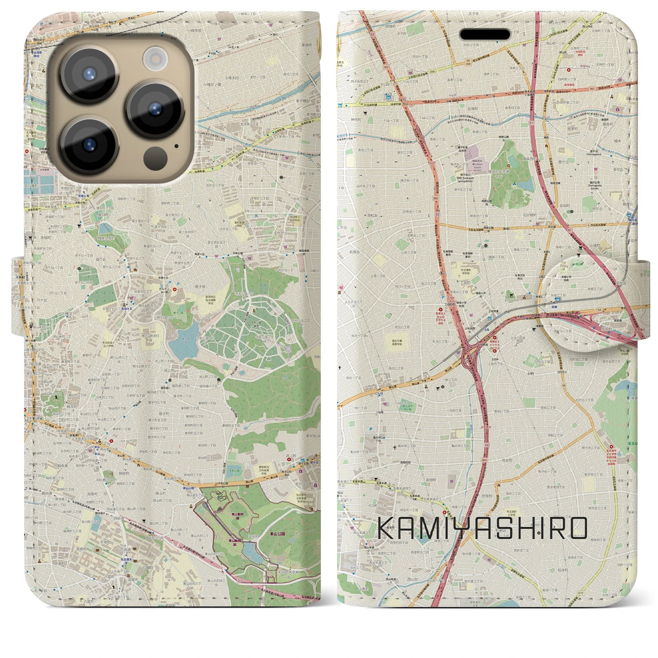 【上社（愛知県）】地図柄iPhoneケース（手帳タイプ）ナチュラル・iPhone 14 Pro Max 用