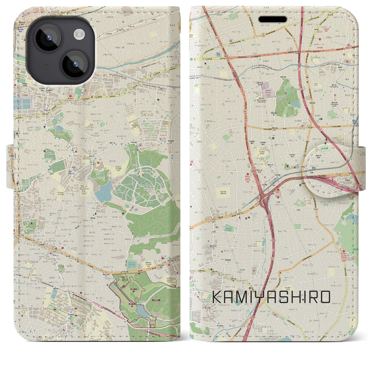 【上社（愛知県）】地図柄iPhoneケース（手帳タイプ）ナチュラル・iPhone 14 Plus 用