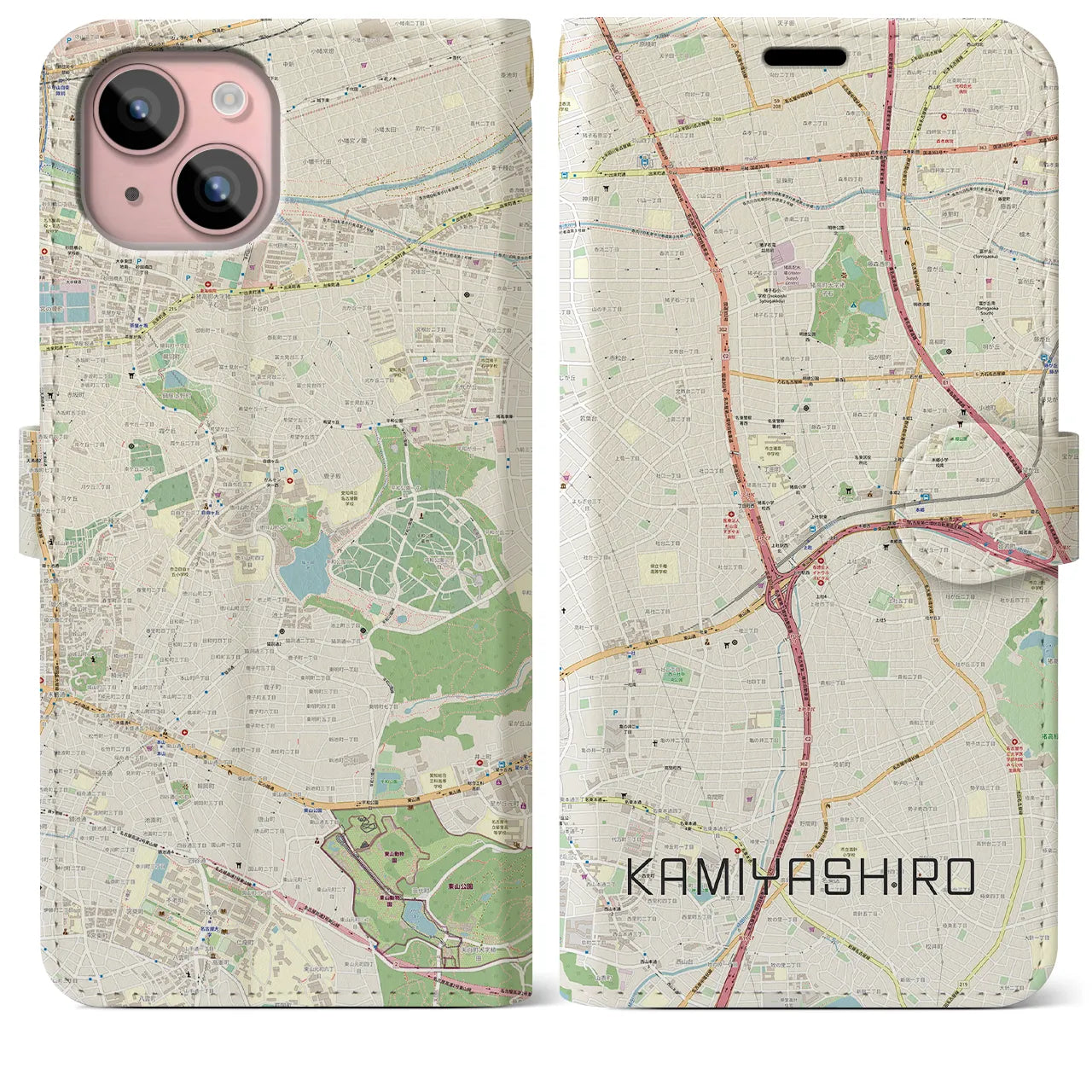 【上社（愛知県）】地図柄iPhoneケース（手帳タイプ）ナチュラル・iPhone 15 Plus 用