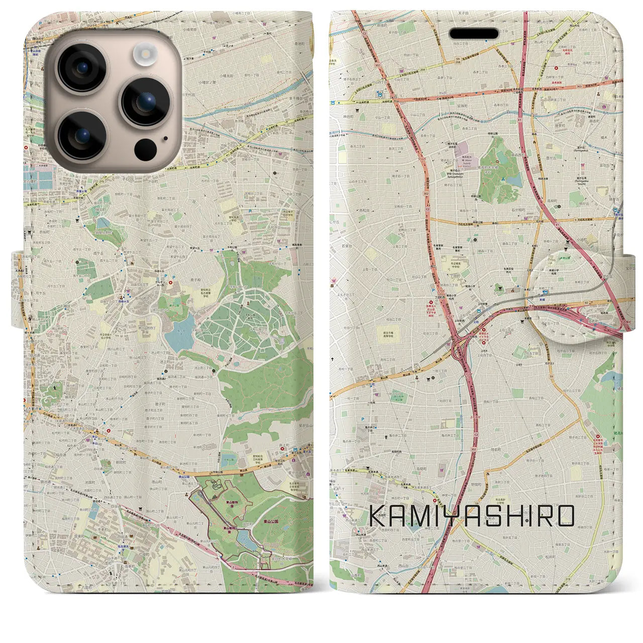 【上社（愛知県）】地図柄iPhoneケース（手帳タイプ）ナチュラル・iPhone 16 Plus 用