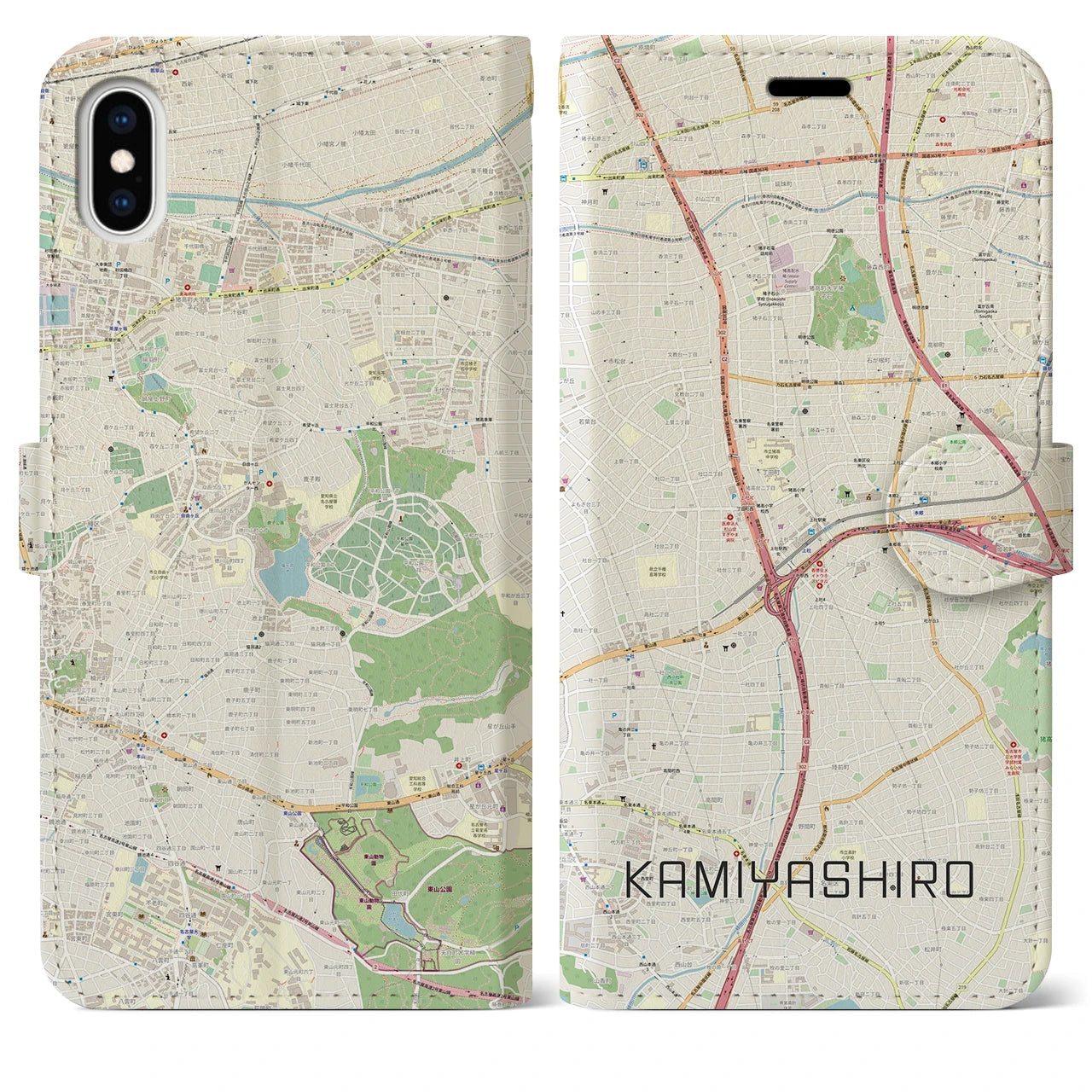 【上社（愛知県）】地図柄iPhoneケース（手帳タイプ）ナチュラル・iPhone XS Max 用