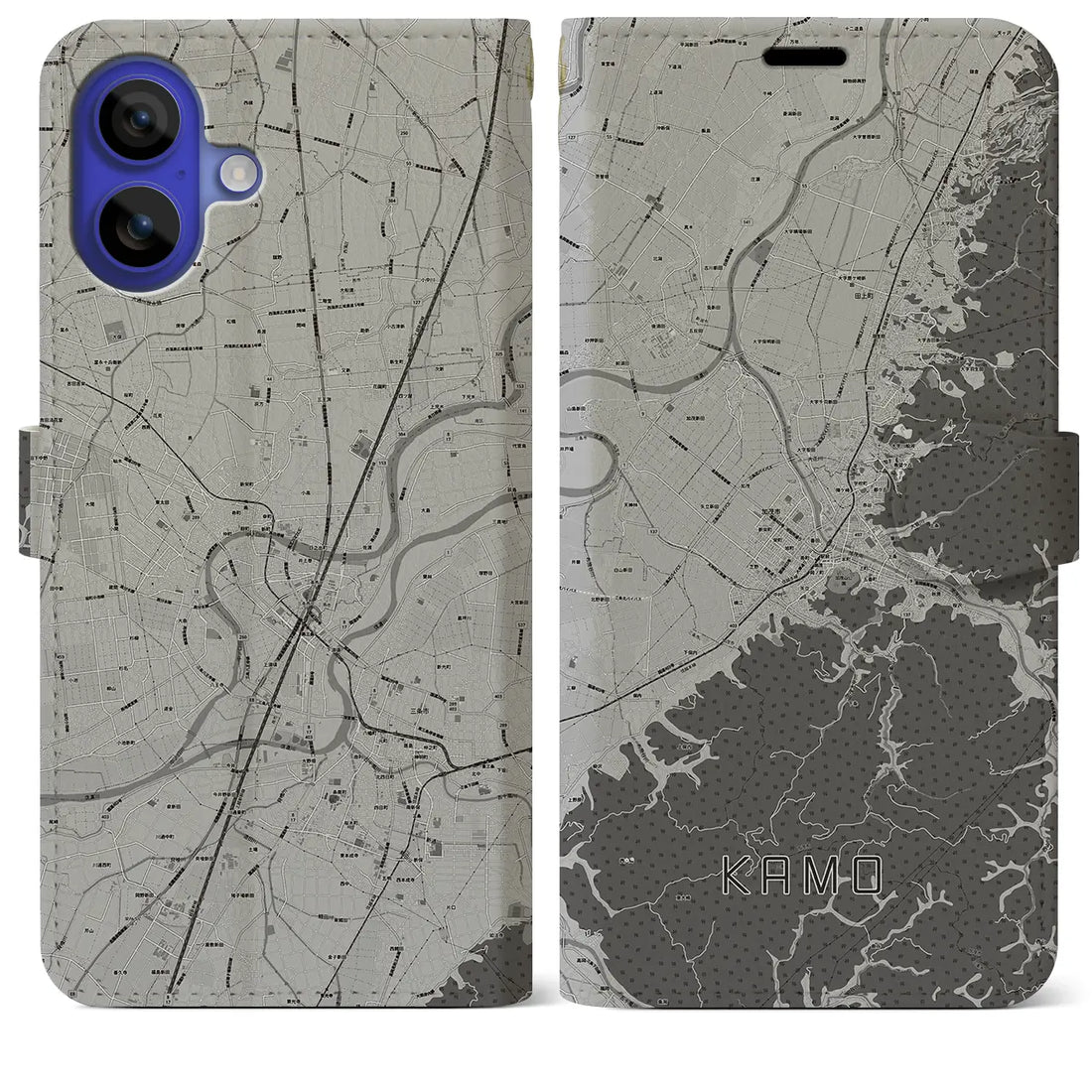 【加茂(新潟県)】地図柄iPhoneケース(手帳タイプ)モノトーン・iPhone 16 Pro Max 用