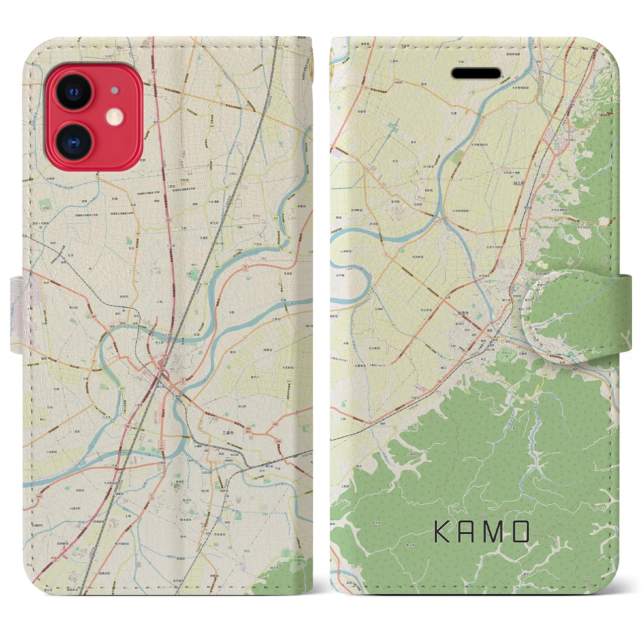 【加茂（新潟県）】地図柄iPhoneケース（手帳タイプ）ナチュラル・iPhone 11 用