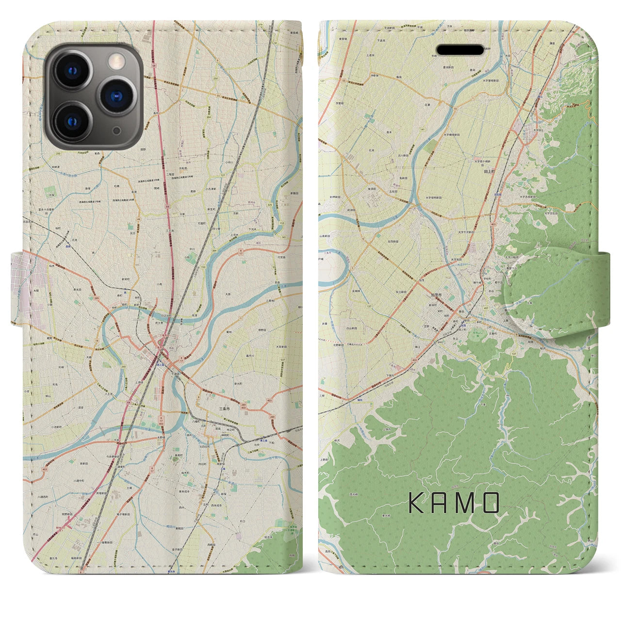 【加茂（新潟県）】地図柄iPhoneケース（手帳タイプ）ナチュラル・iPhone 11 Pro Max 用