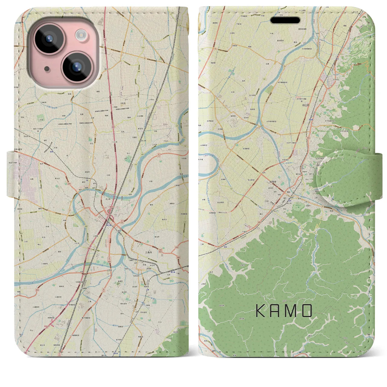 【加茂（新潟県）】地図柄iPhoneケース（手帳タイプ）ナチュラル・iPhone 15 Plus 用