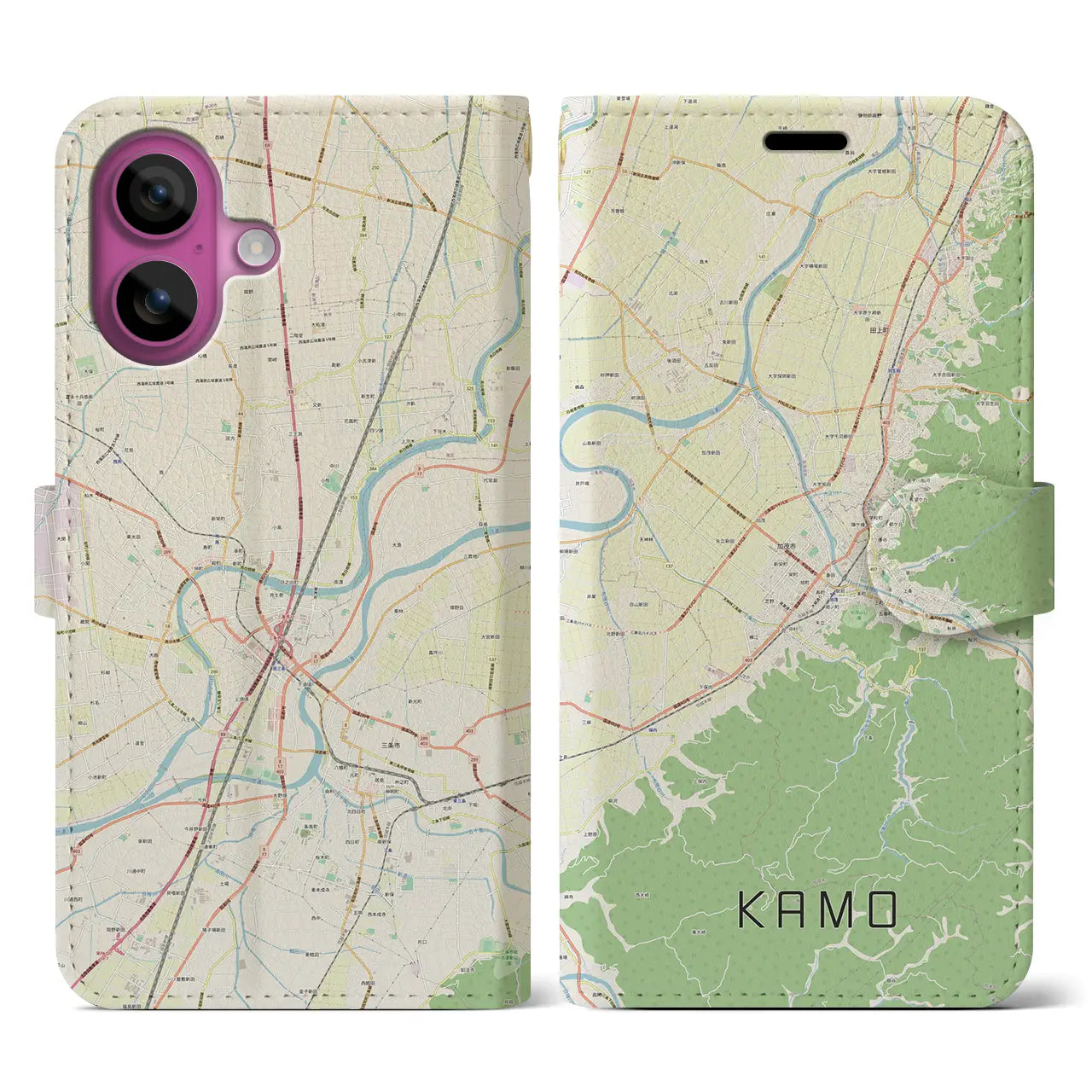 【加茂（新潟県）】地図柄iPhoneケース（手帳タイプ）ナチュラル・iPhone 16 Pro 用