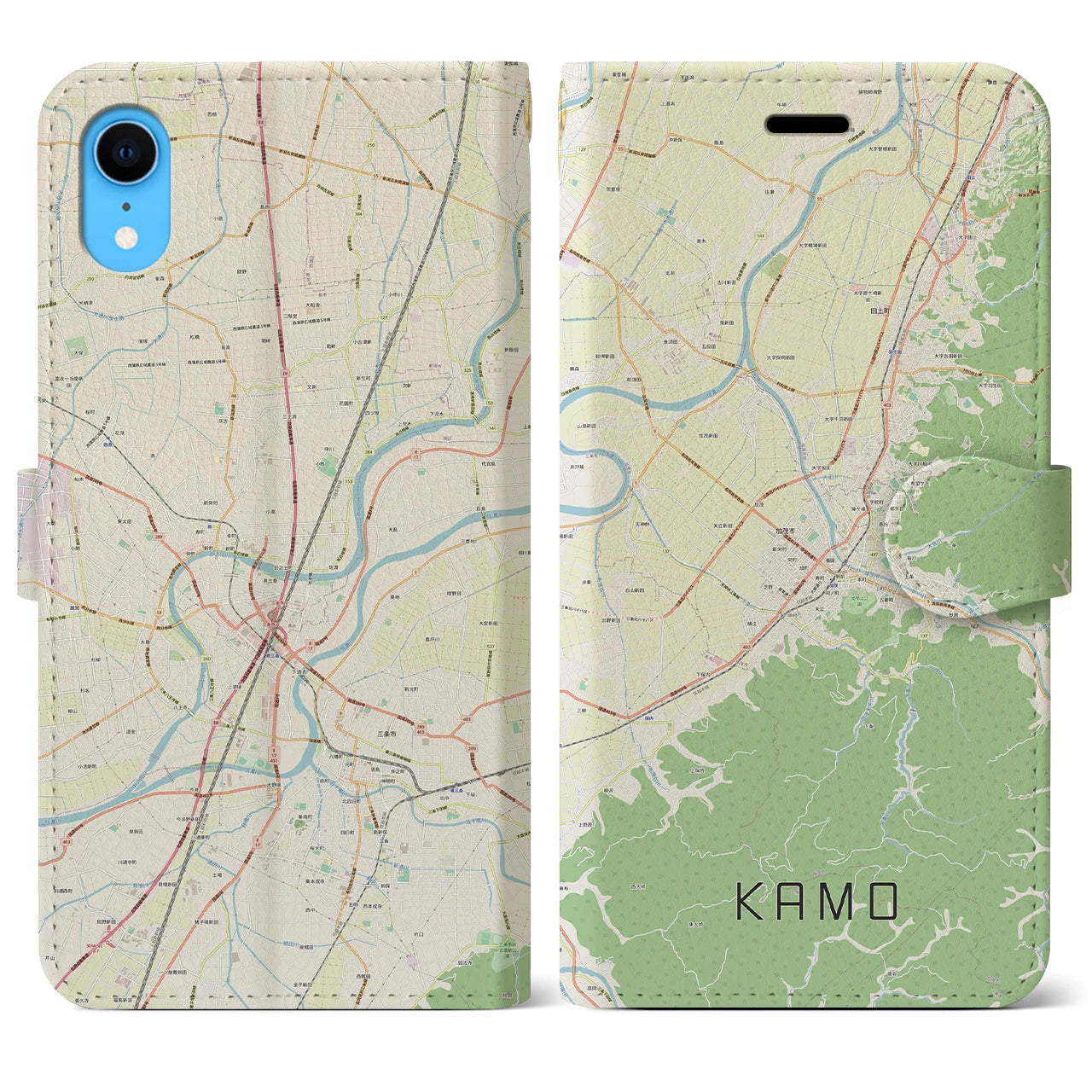 【加茂（新潟県）】地図柄iPhoneケース（手帳タイプ）ナチュラル・iPhone XR 用