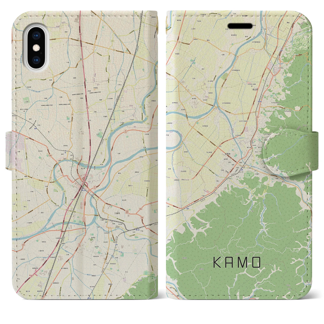 【加茂（新潟県）】地図柄iPhoneケース（手帳タイプ）ナチュラル・iPhone XS Max 用