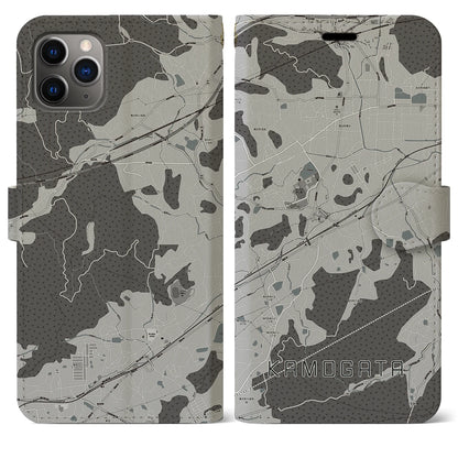 【鴨方（岡山県）】地図柄iPhoneケース（手帳タイプ）モノトーン・iPhone 11 Pro Max 用