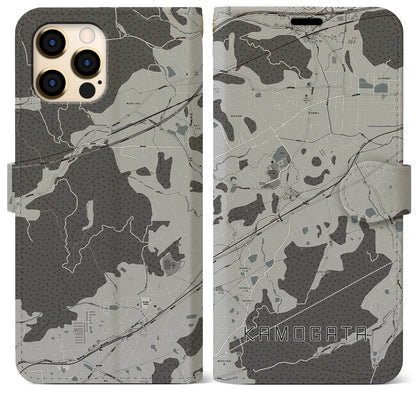 【鴨方（岡山県）】地図柄iPhoneケース（手帳タイプ）モノトーン・iPhone 12 Pro Max 用