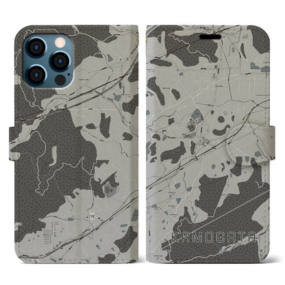 【鴨方（岡山県）】地図柄iPhoneケース（手帳タイプ）モノトーン・iPhone 12 / 12 Pro 用