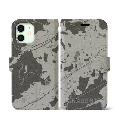 【鴨方（岡山県）】地図柄iPhoneケース（手帳タイプ）モノトーン・iPhone 12 mini 用