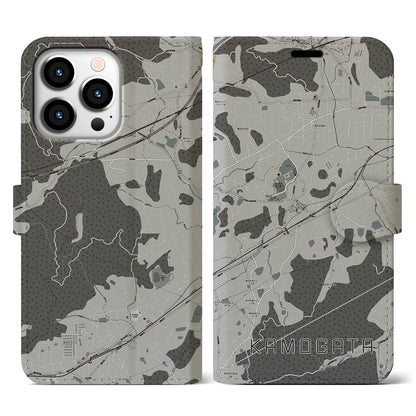 【鴨方（岡山県）】地図柄iPhoneケース（手帳タイプ）モノトーン・iPhone 13 Pro 用