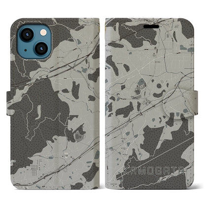 【鴨方（岡山県）】地図柄iPhoneケース（手帳タイプ）モノトーン・iPhone 13 用