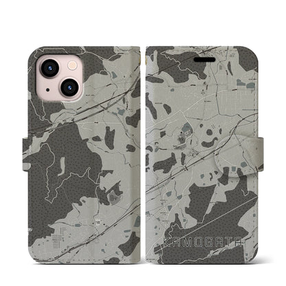 【鴨方（岡山県）】地図柄iPhoneケース（手帳タイプ）モノトーン・iPhone 13 mini 用