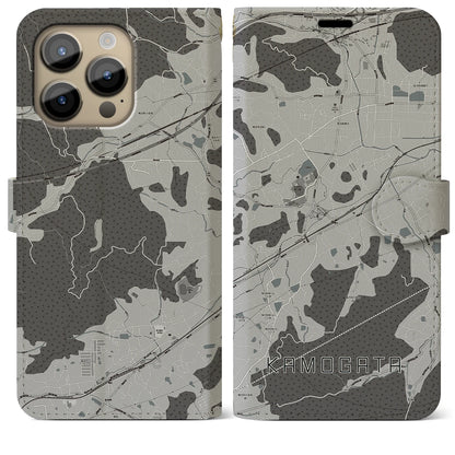 【鴨方（岡山県）】地図柄iPhoneケース（手帳タイプ）モノトーン・iPhone 14 Pro Max 用