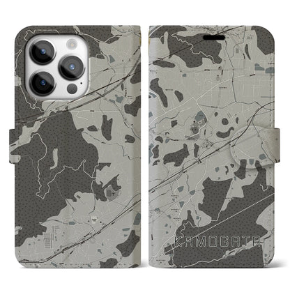 【鴨方（岡山県）】地図柄iPhoneケース（手帳タイプ）モノトーン・iPhone 14 Pro 用