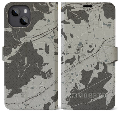 【鴨方（岡山県）】地図柄iPhoneケース（手帳タイプ）モノトーン・iPhone 14 Plus 用