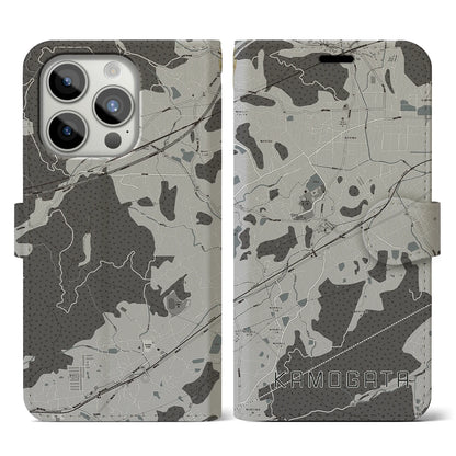 【鴨方（岡山県）】地図柄iPhoneケース（手帳タイプ）モノトーン・iPhone 15 Pro 用