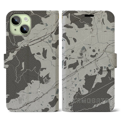 【鴨方（岡山県）】地図柄iPhoneケース（手帳タイプ）モノトーン・iPhone 15 用