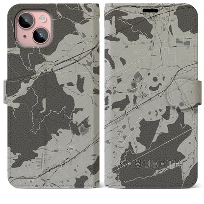 【鴨方（岡山県）】地図柄iPhoneケース（手帳タイプ）モノトーン・iPhone 15 Plus 用