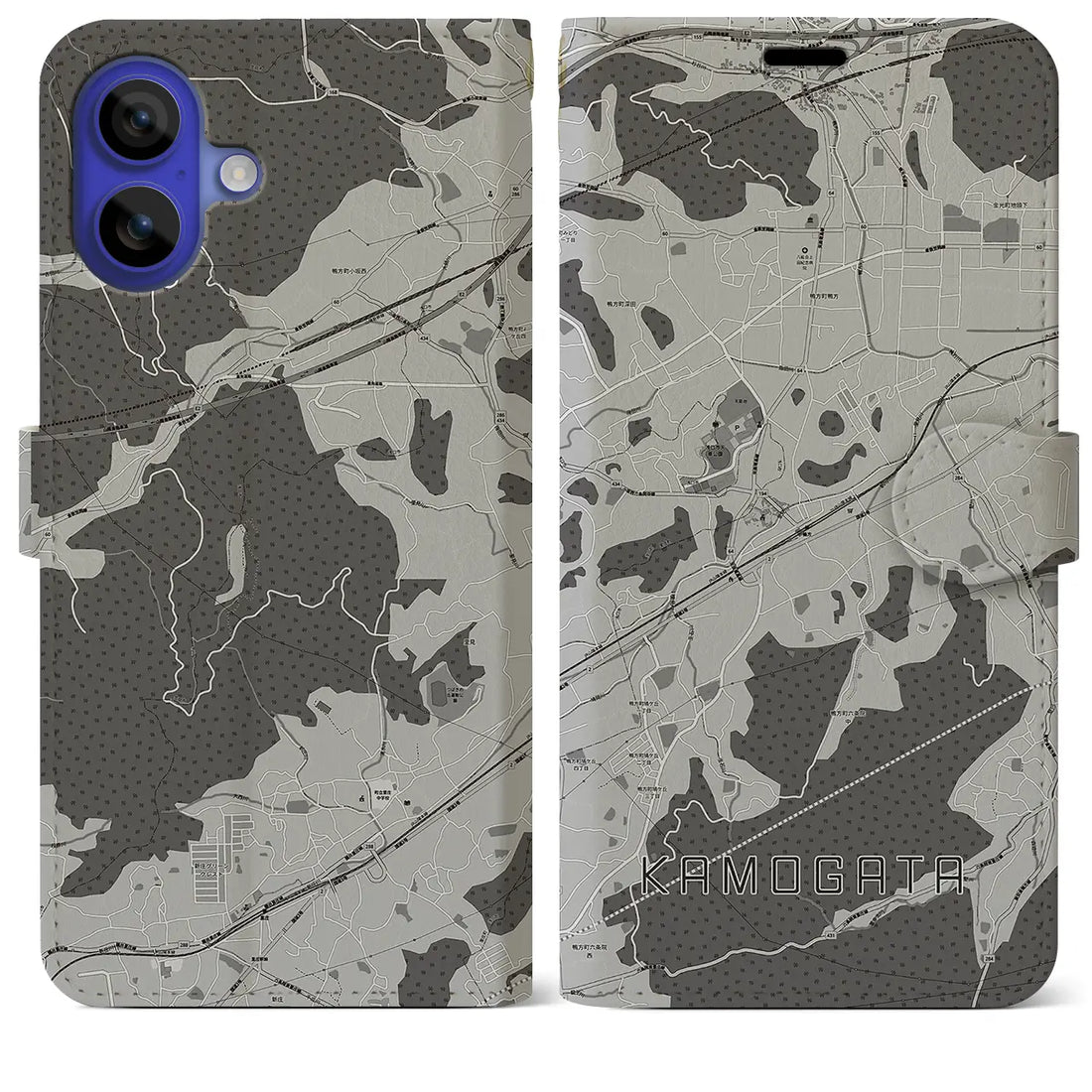 【鴨方(岡山県)】地図柄iPhoneケース(手帳タイプ)モノトーン・iPhone 16 Pro Max 用