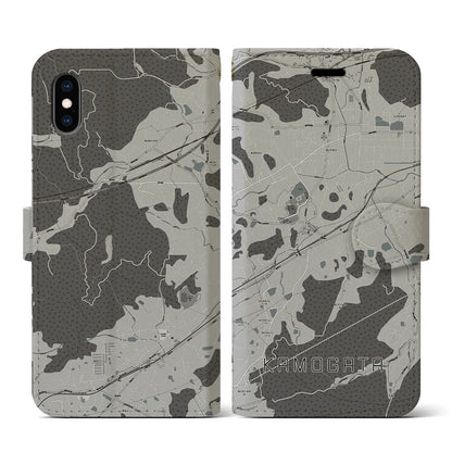 【鴨方（岡山県）】地図柄iPhoneケース（手帳タイプ）モノトーン・iPhone XS / X 用