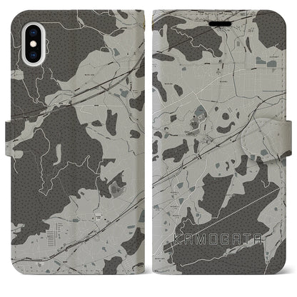 【鴨方（岡山県）】地図柄iPhoneケース（手帳タイプ）モノトーン・iPhone XS Max 用