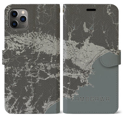 【鴨川（千葉県）】地図柄iPhoneケース（手帳タイプ）モノトーン・iPhone 11 Pro Max 用