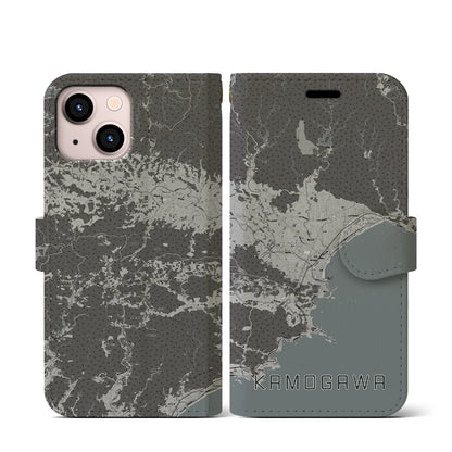 【鴨川（千葉県）】地図柄iPhoneケース（手帳タイプ）モノトーン・iPhone 13 mini 用