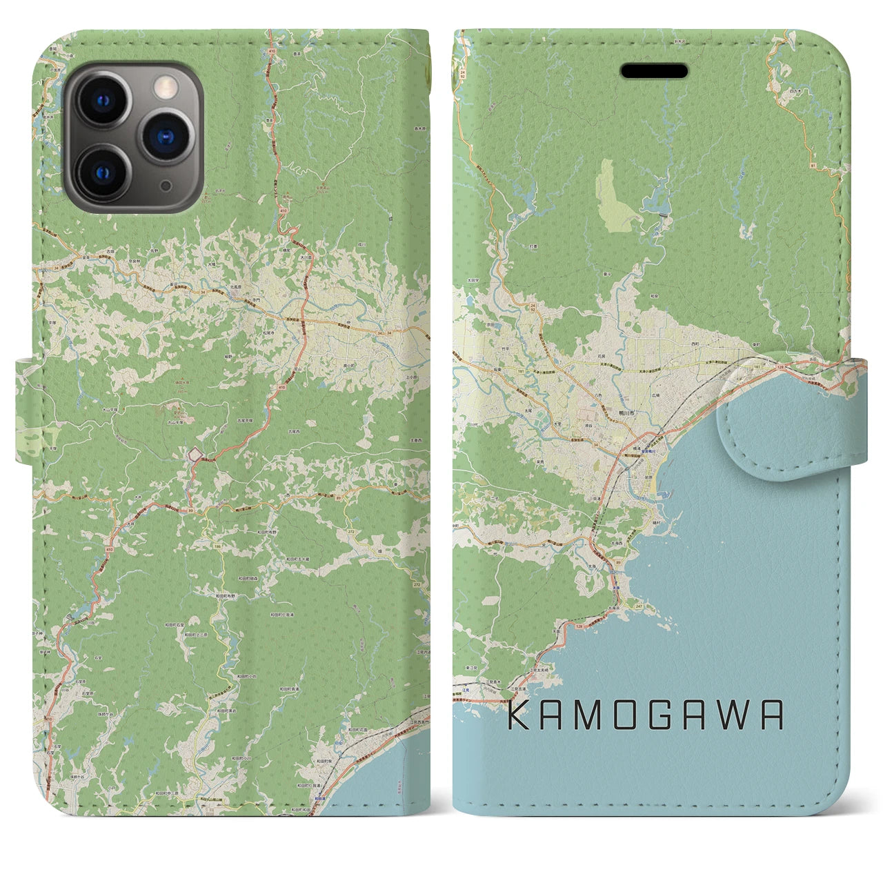 【鴨川（千葉県）】地図柄iPhoneケース（手帳タイプ）ナチュラル・iPhone 11 Pro Max 用