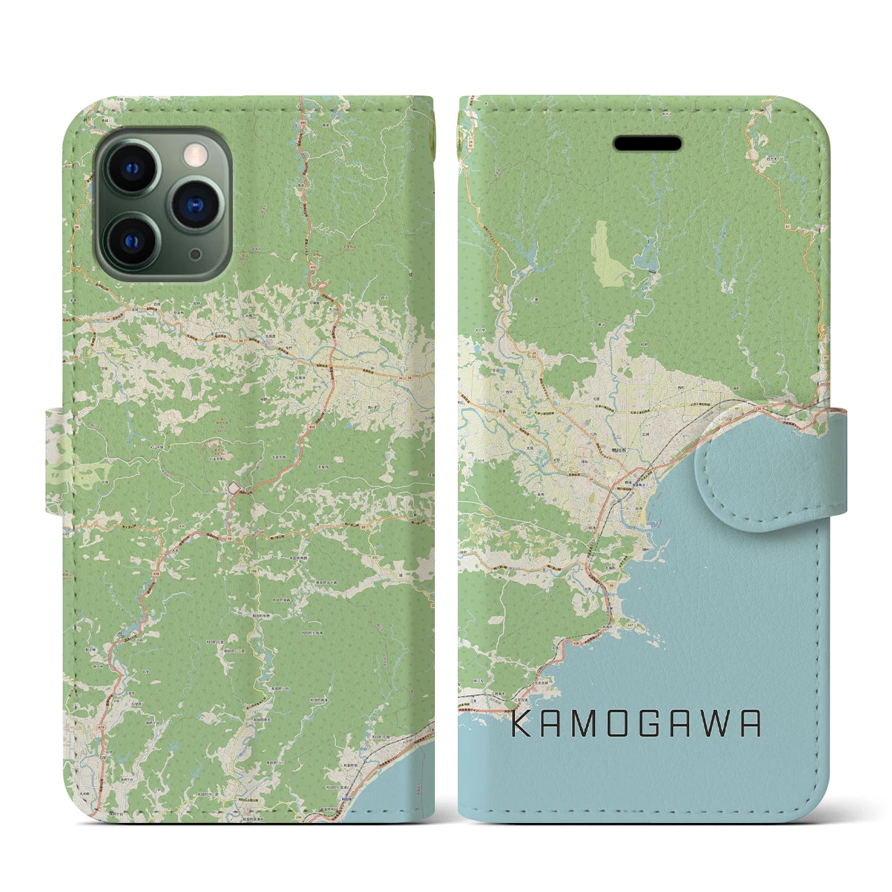 【鴨川（千葉県）】地図柄iPhoneケース（手帳タイプ）ナチュラル・iPhone 11 Pro 用