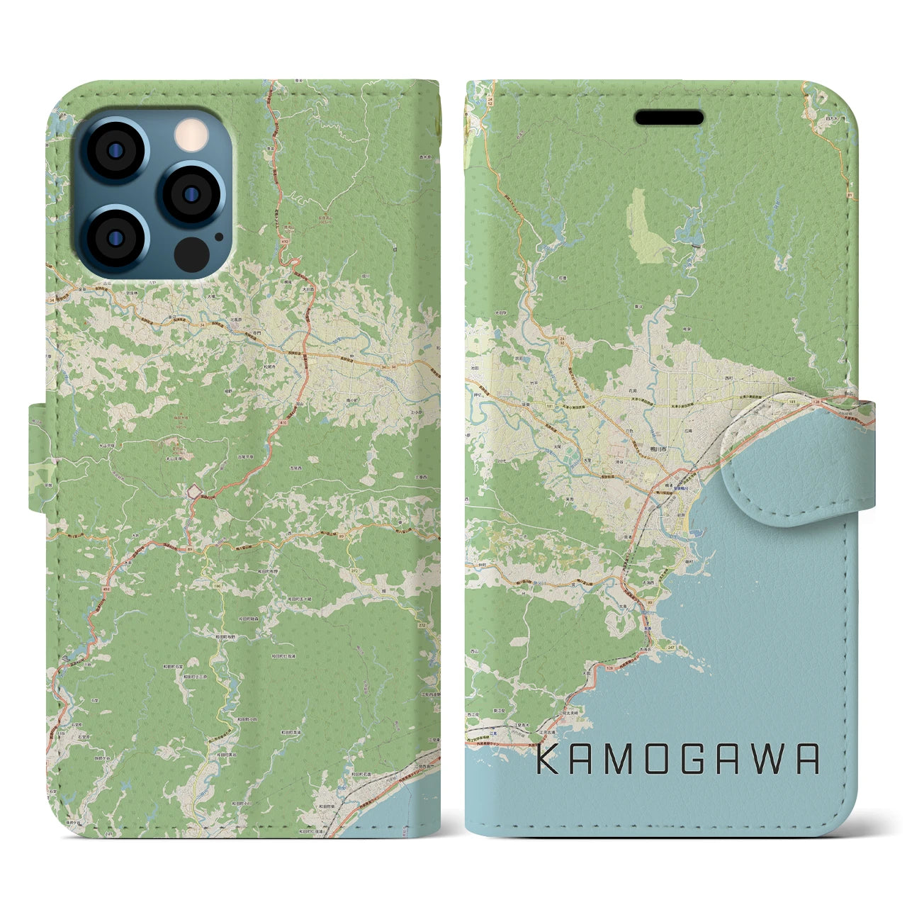 【鴨川（千葉県）】地図柄iPhoneケース（手帳タイプ）ナチュラル・iPhone 12 / 12 Pro 用