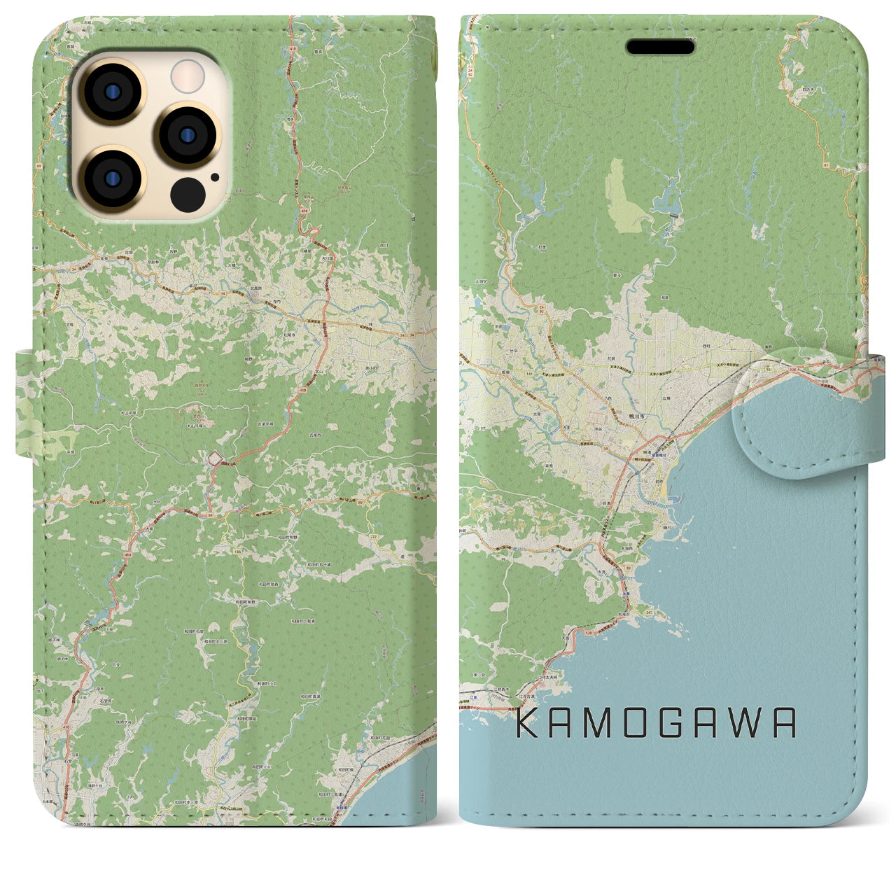 【鴨川（千葉県）】地図柄iPhoneケース（手帳タイプ）ナチュラル・iPhone 12 Pro Max 用