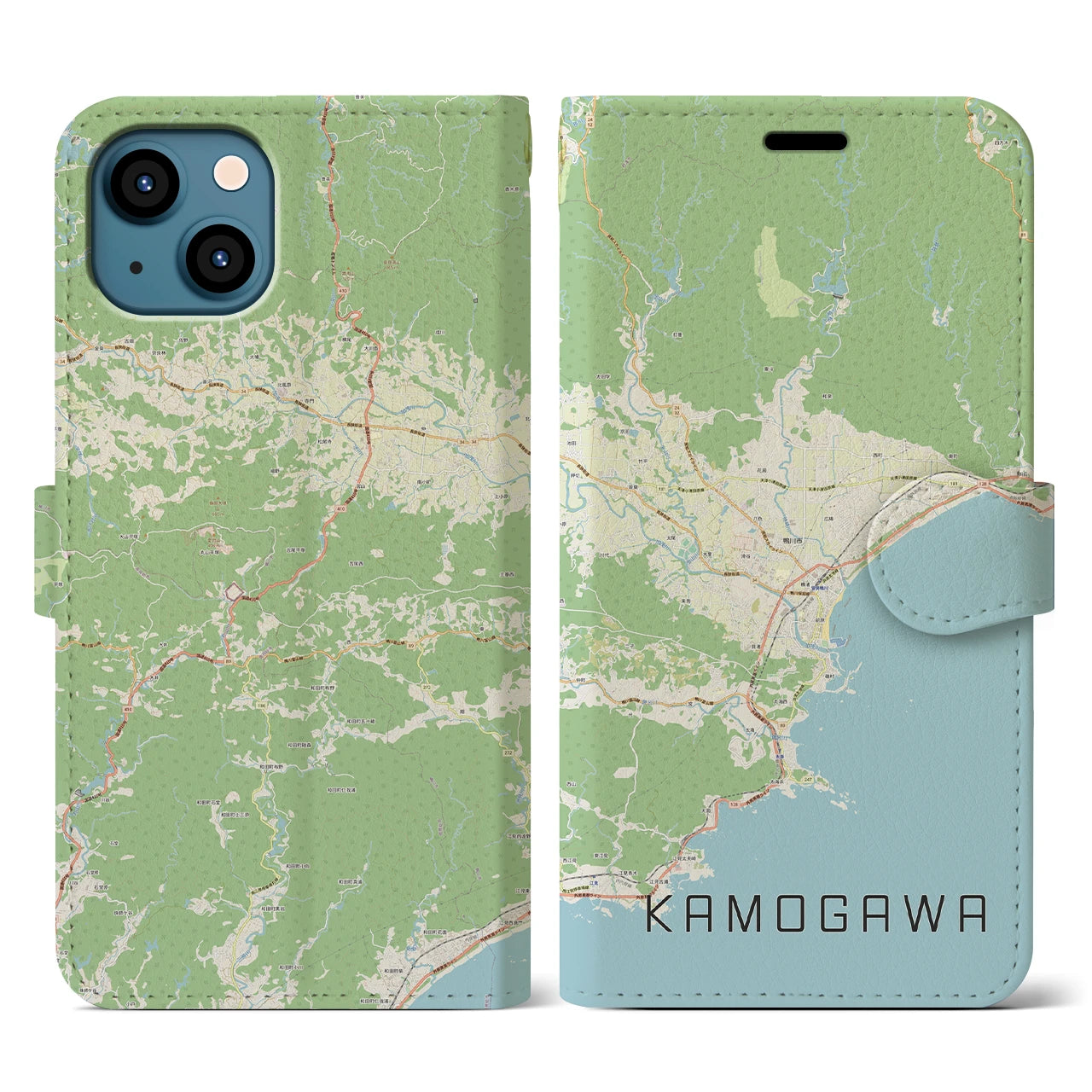 【鴨川（千葉県）】地図柄iPhoneケース（手帳タイプ）ナチュラル・iPhone 13 用