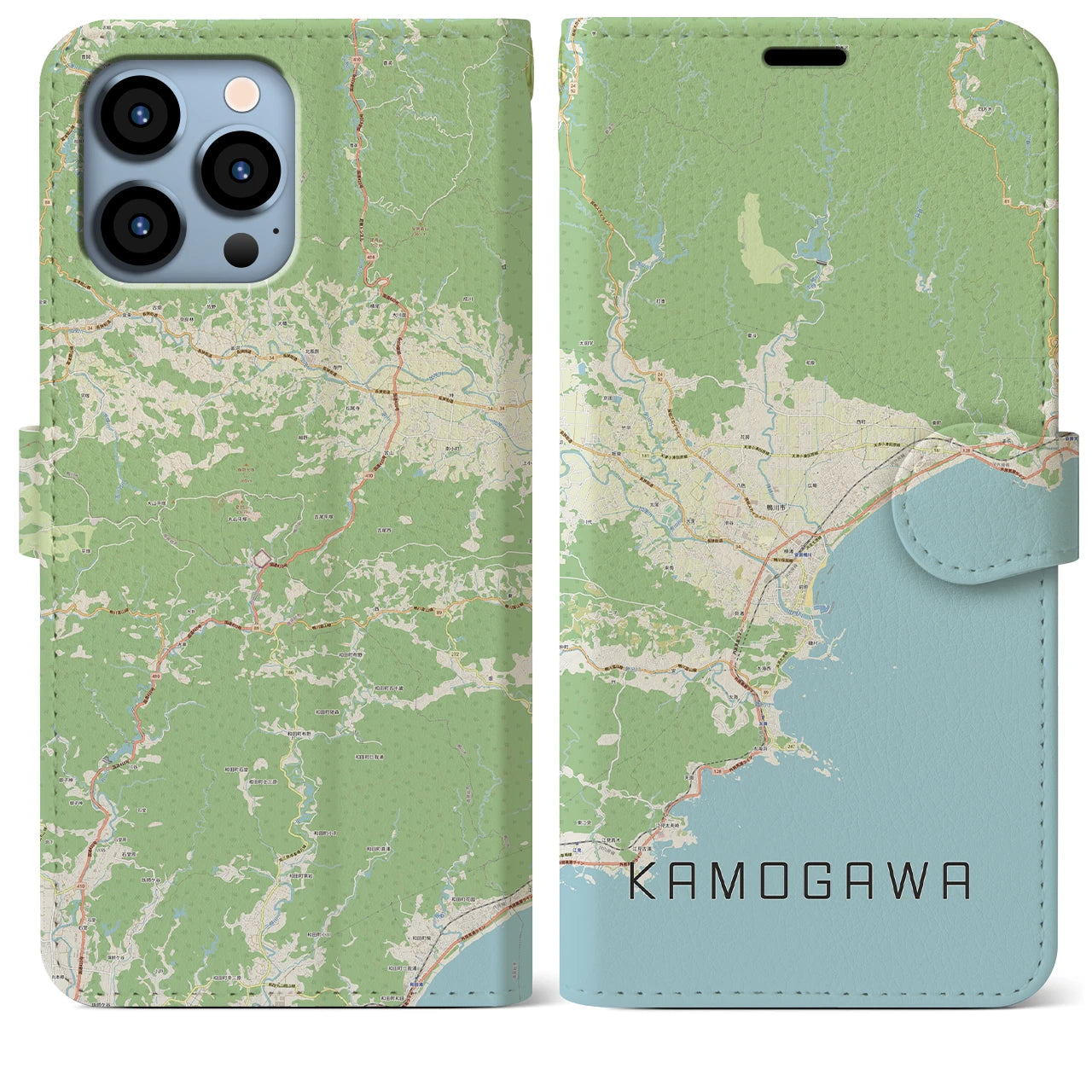 【鴨川（千葉県）】地図柄iPhoneケース（手帳タイプ）ナチュラル・iPhone 13 Pro Max 用