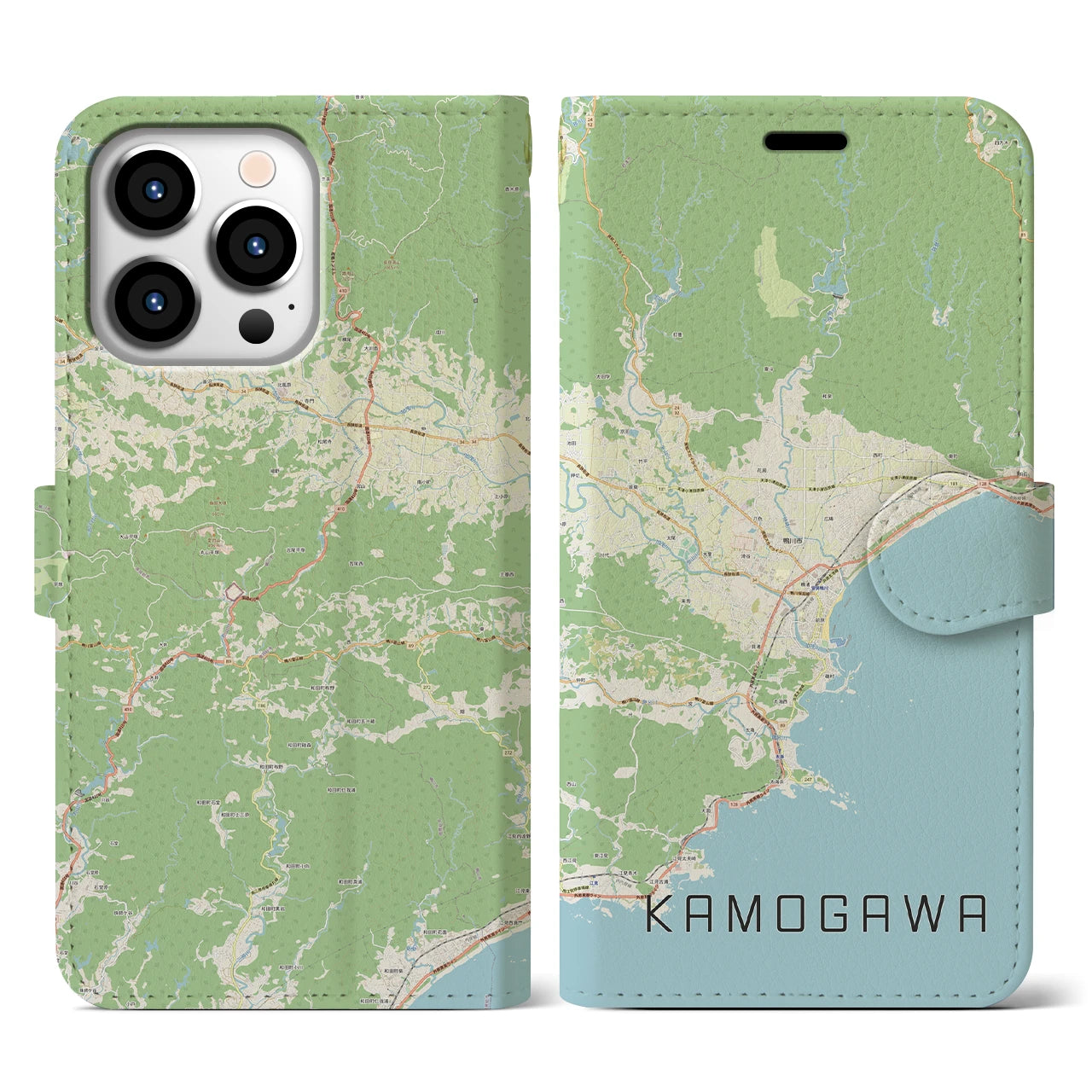 【鴨川（千葉県）】地図柄iPhoneケース（手帳タイプ）ナチュラル・iPhone 13 Pro 用