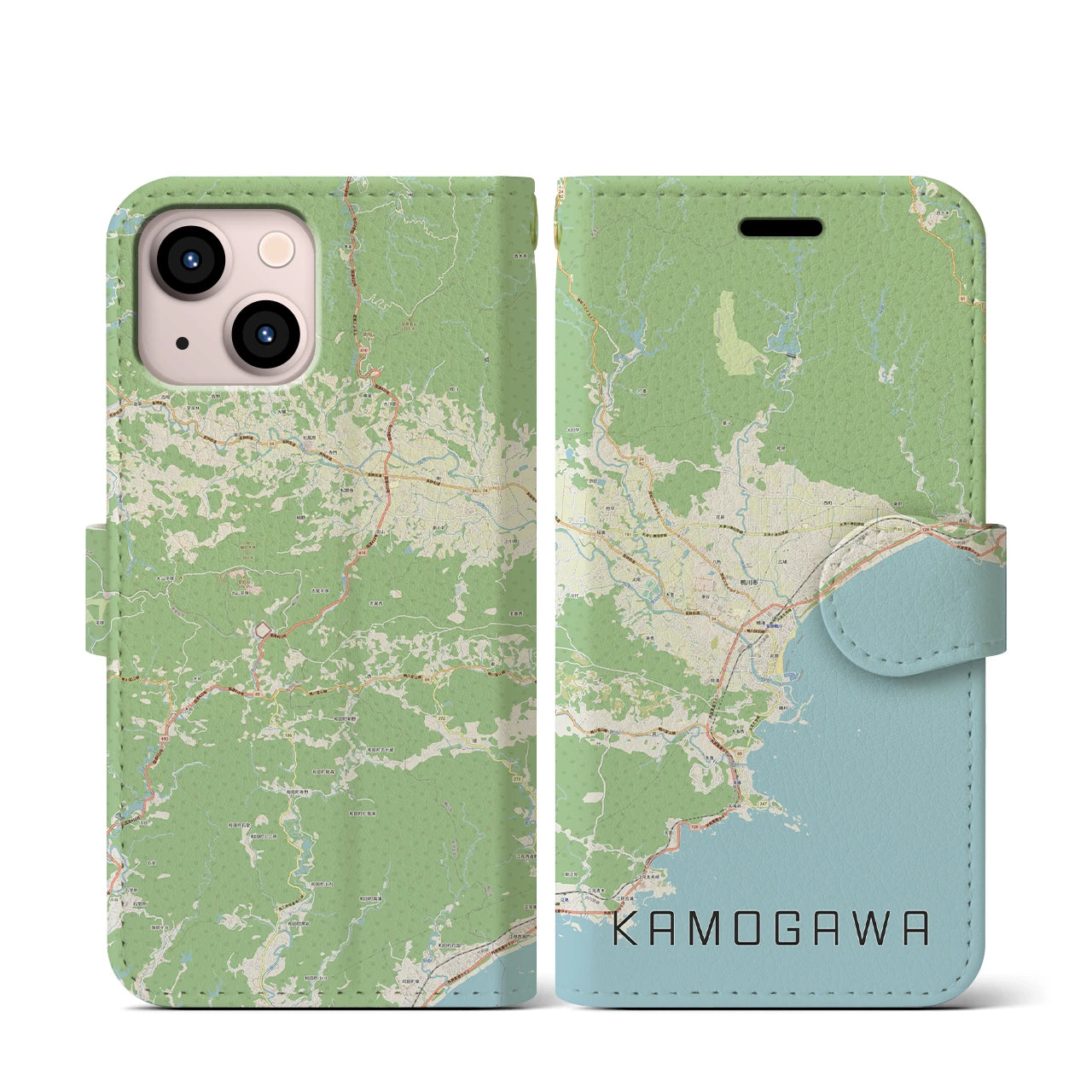 【鴨川（千葉県）】地図柄iPhoneケース（手帳タイプ）ナチュラル・iPhone 13 mini 用