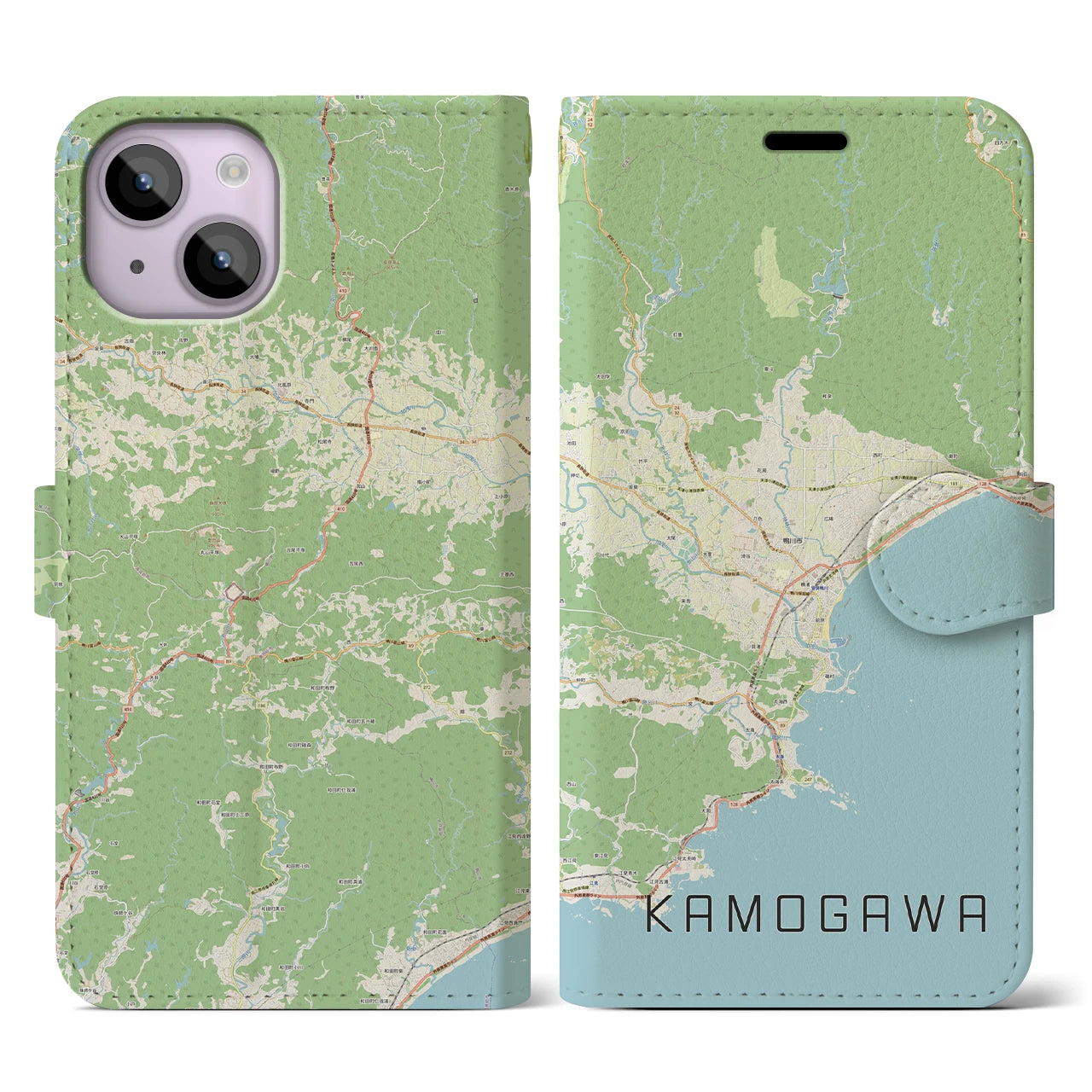 【鴨川（千葉県）】地図柄iPhoneケース（手帳タイプ）ナチュラル・iPhone 14 用