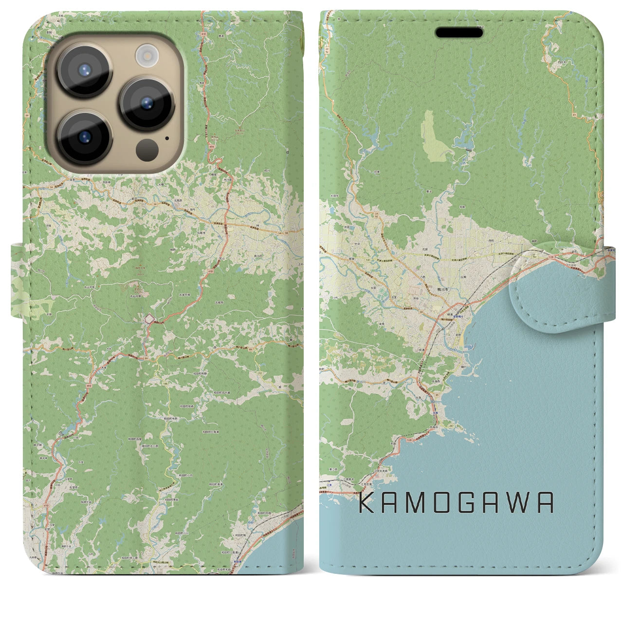 【鴨川（千葉県）】地図柄iPhoneケース（手帳タイプ）ナチュラル・iPhone 14 Pro Max 用