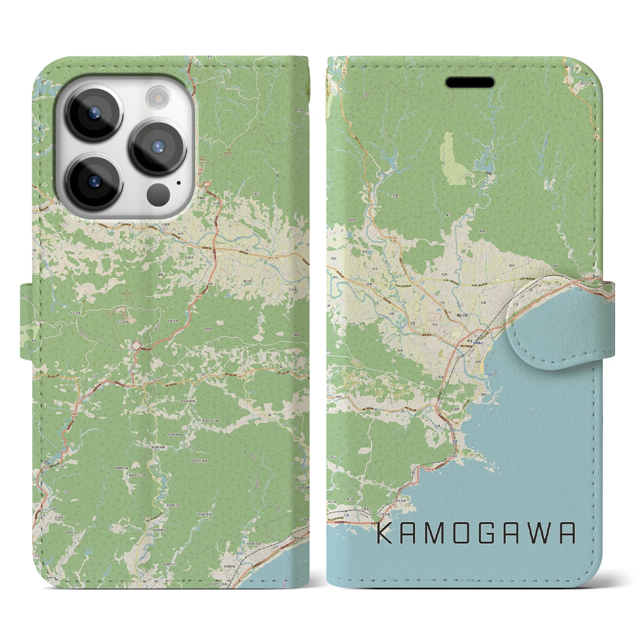 【鴨川（千葉県）】地図柄iPhoneケース（手帳タイプ）ナチュラル・iPhone 14 Pro 用