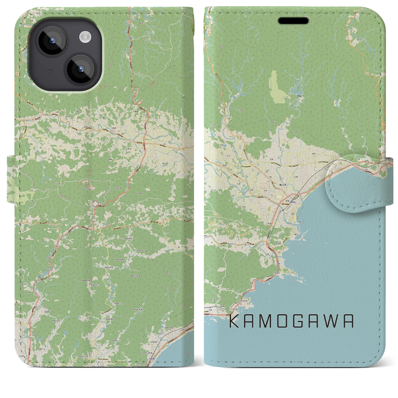 【鴨川（千葉県）】地図柄iPhoneケース（手帳タイプ）ナチュラル・iPhone 14 Plus 用