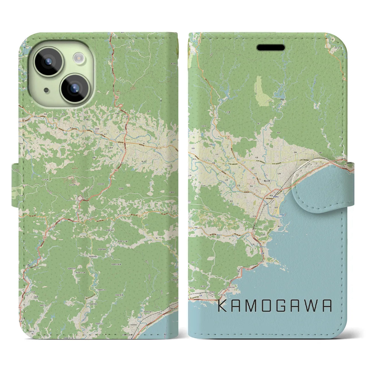 【鴨川（千葉県）】地図柄iPhoneケース（手帳タイプ）ナチュラル・iPhone 15 用