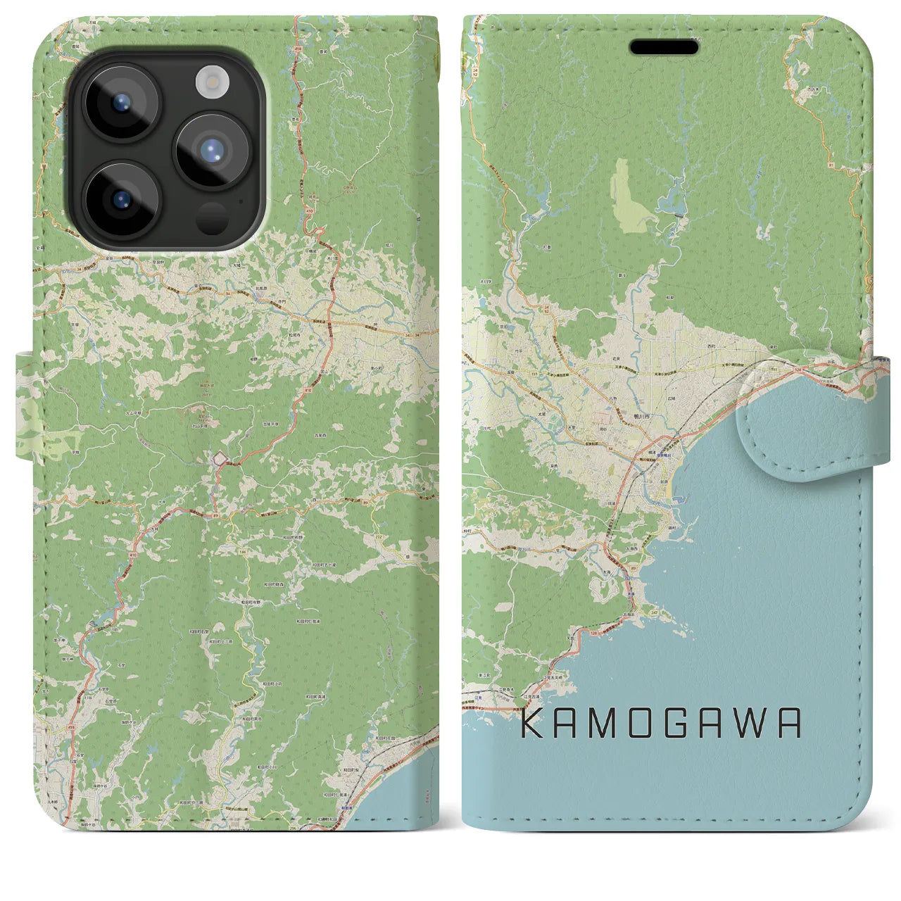 【鴨川（千葉県）】地図柄iPhoneケース（手帳タイプ）ナチュラル・iPhone 15 Pro Max 用