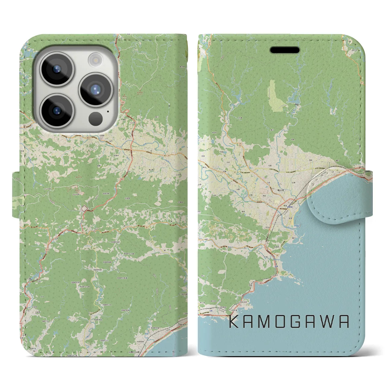 【鴨川（千葉県）】地図柄iPhoneケース（手帳タイプ）ナチュラル・iPhone 15 Pro 用